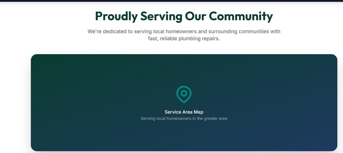 Service area map banner showing location pin icon with text about serving local homeowners and communities with plumbing repairs