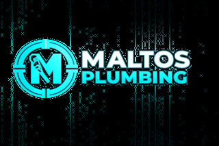 Maltos Plumbing logo with cyan and white text, featuring a circular M emblem on a dark textured background