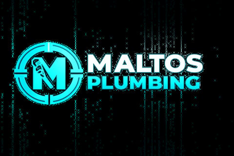 Maltos Plumbing logo with cyan and white text, featuring a circular M emblem on a dark textured background